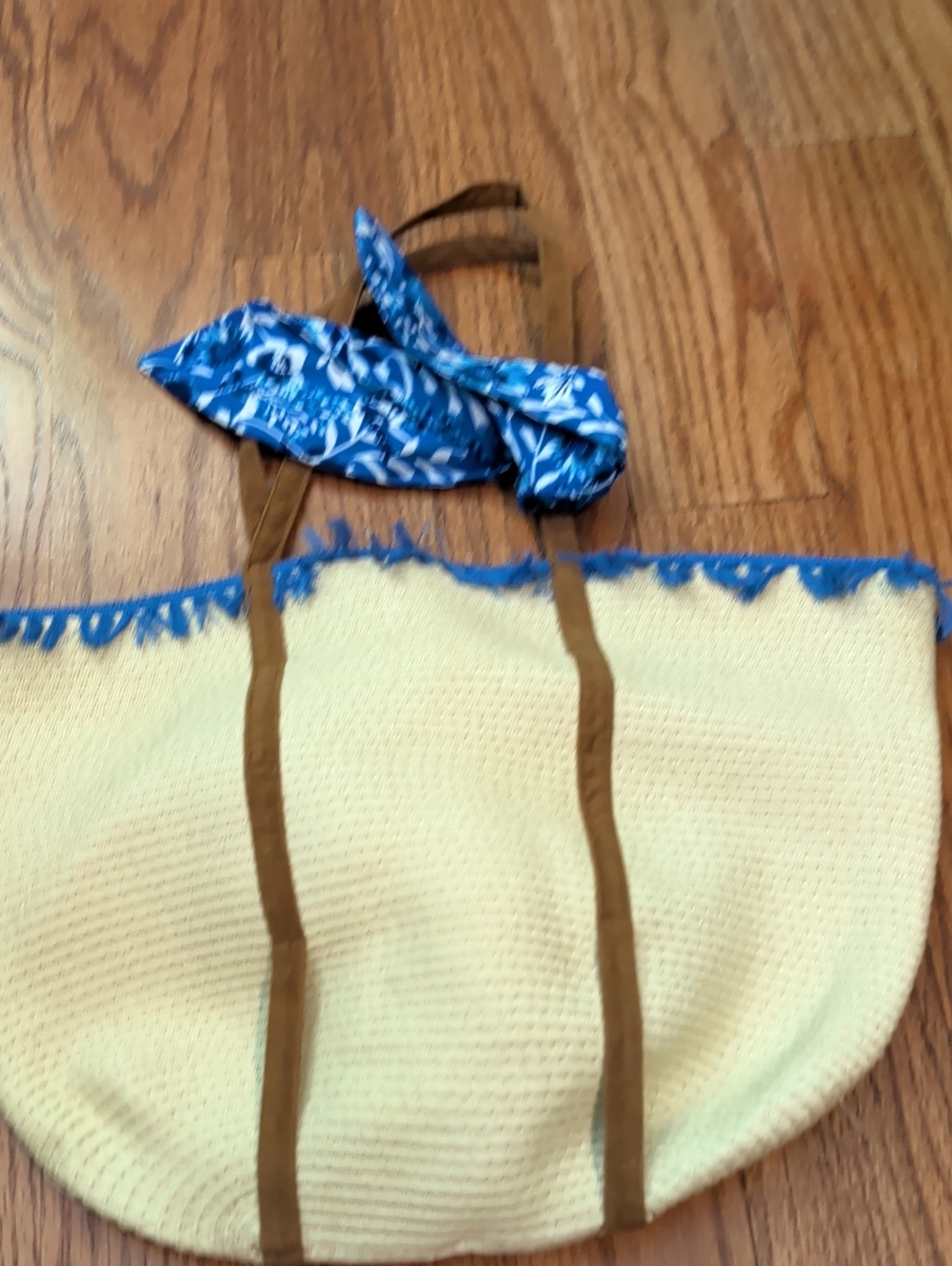 Cream Beach Tote with Blue Trim and Scarf